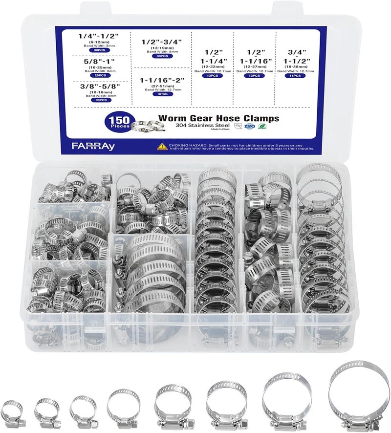 FARRAY 150 PCS Hose Clamps Assortment Kit, Adjustable 1/4"- 2"(6-51mm) Worm Gear Hose Clamps, 304 Stainless Steel Hose Clamps for Plumbing, Automotive and Mechanical Applications - Image 1